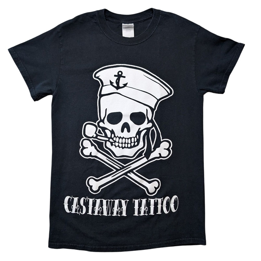 Castaway Tattoo Small Black Graphic T Shirt Sailor Skull Cross Bones Custom Tee